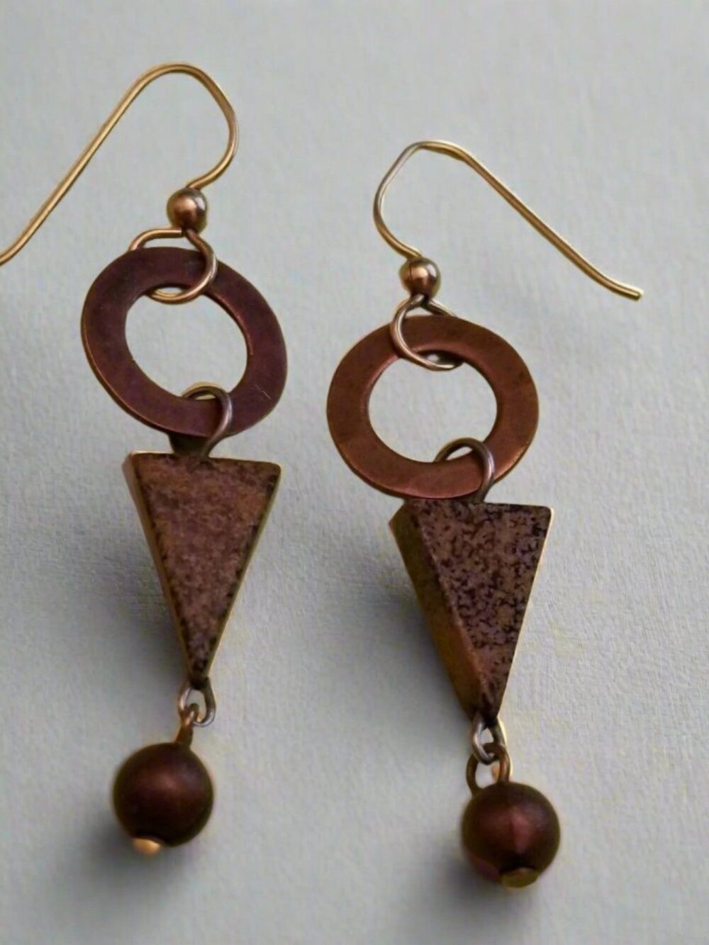 Vintage Copper Tone Geometric Dangle Earrings – Triangle and Circle Design